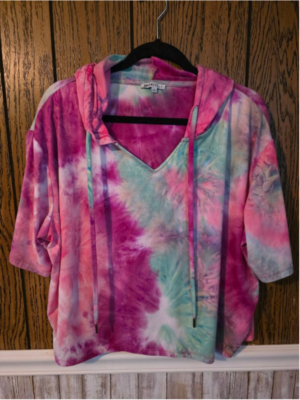 Women's SPORTELLE Pink Teal Tie-Dye Hoodie Sweatshirt Size L
